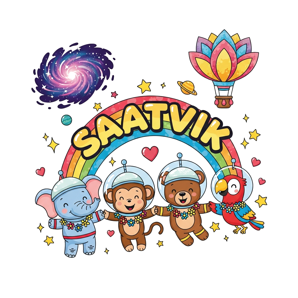 Custom design: A vibrant illustration of a diverse group of cute, friendly cartoon animals (a baby elephant, a playful monkey, a lit...