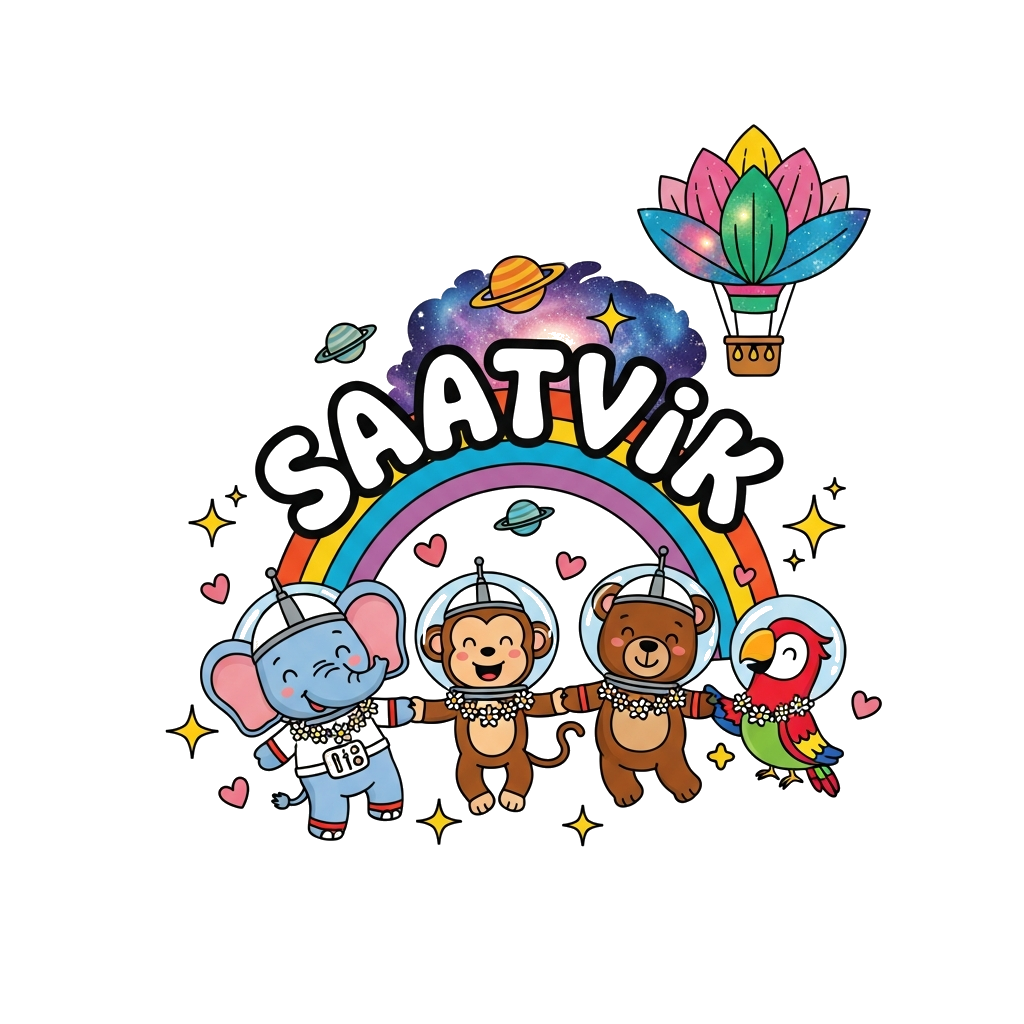 Custom design: A vibrant illustration of a diverse group of cute, friendly cartoon animals (a baby elephant, a playful monkey, a lit...