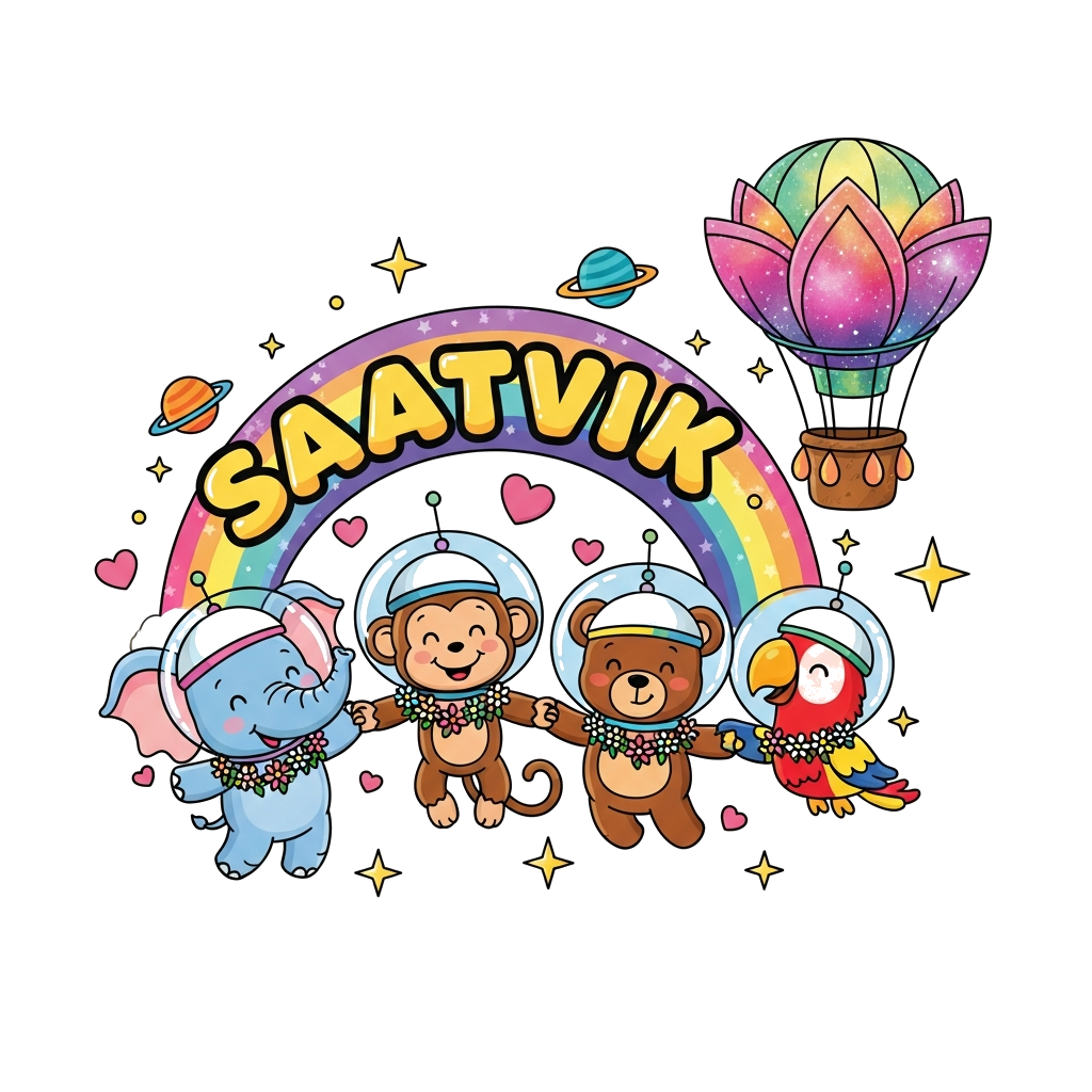 Custom design: A vibrant illustration of a diverse group of cute, friendly cartoon animals (a baby elephant, a playful monkey, a lit...