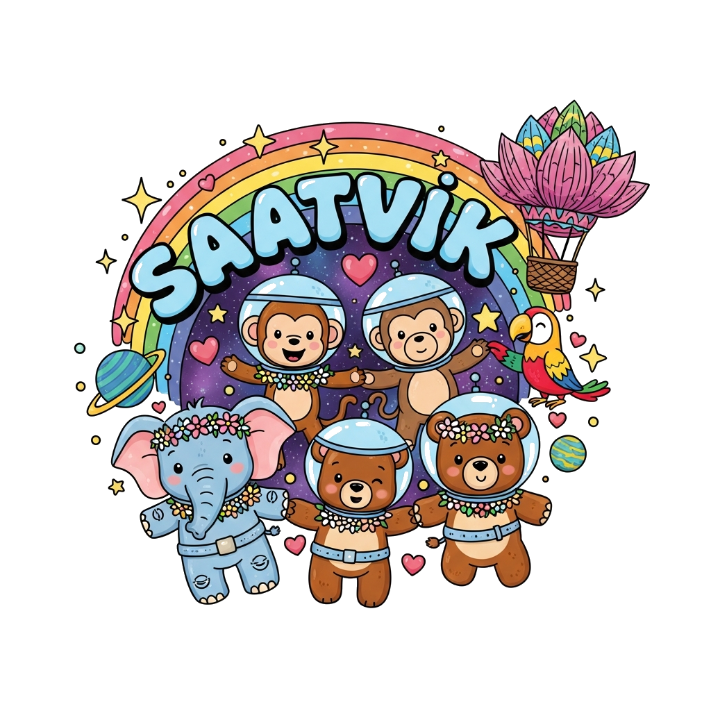 Custom design: A vibrant illustration of a diverse group of cute, friendly cartoon animals (a baby elephant, a playful monkey, a lit...