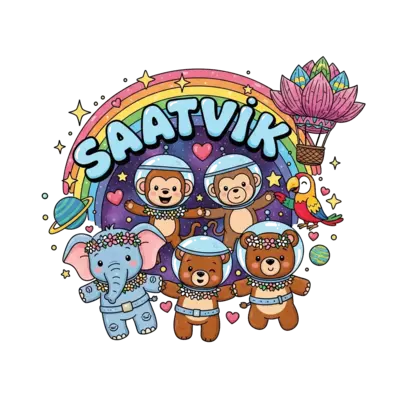 Design: A vibrant illustration of a diverse group of cute, friendly cartoon animals (...