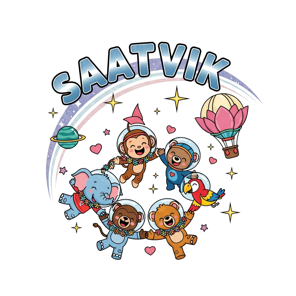 Custom design: A vibrant illustration of a diverse group of cute, friendly cartoon animals (a baby elephant, a playful monkey, a lit...