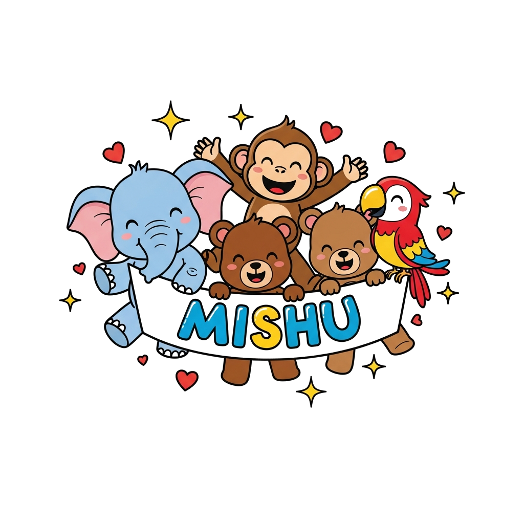 Custom design: A vibrant illustration of a diverse group of cute, friendly cartoon animals (a baby elephant, a playful monkey, a lit...
