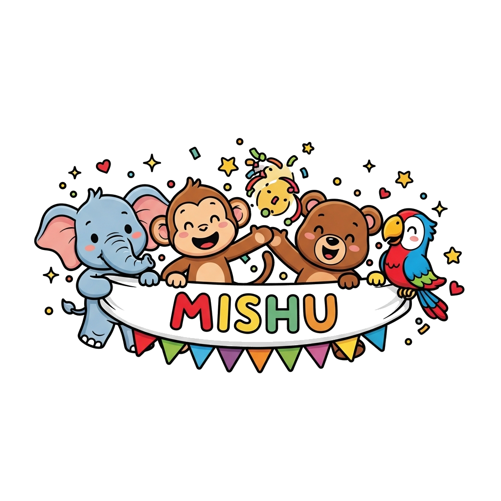 Custom design: A vibrant illustration of a diverse group of cute, friendly cartoon animals (a baby elephant, a playful monkey, a lit...
