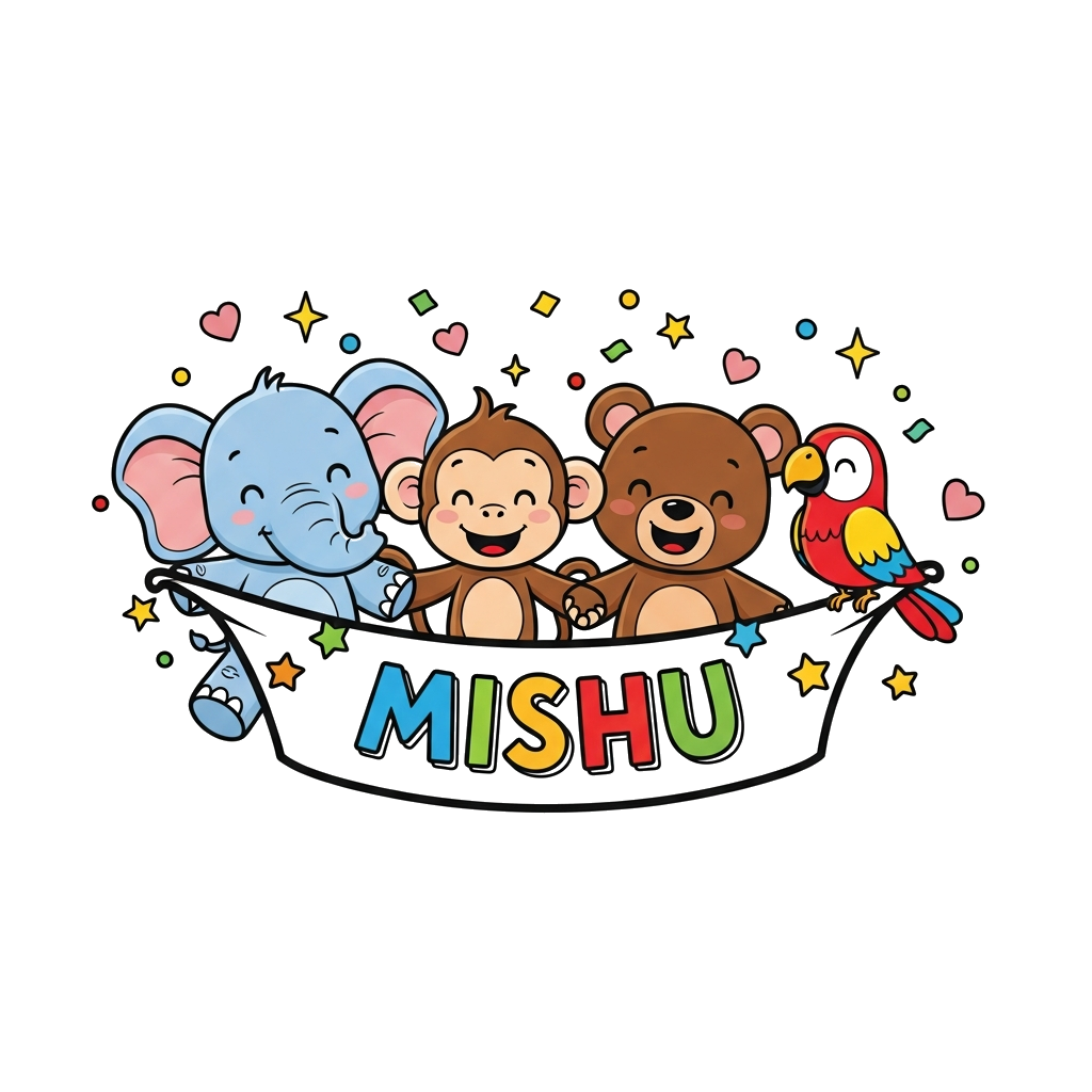 Custom design: A vibrant illustration of a diverse group of cute, friendly cartoon animals (a baby elephant, a playful monkey, a lit...