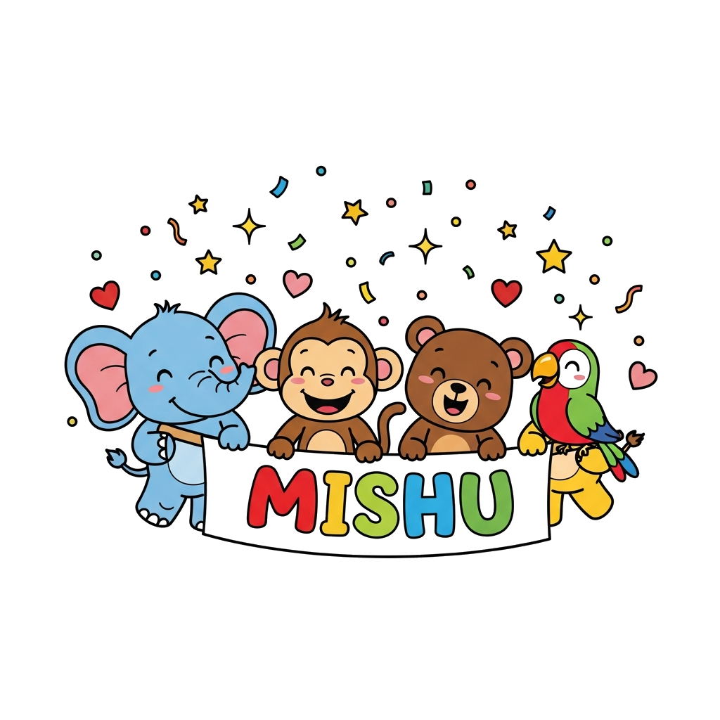 Custom design: A vibrant illustration of a diverse group of cute, friendly cartoon animals (a baby elephant, a playful monkey, a lit...