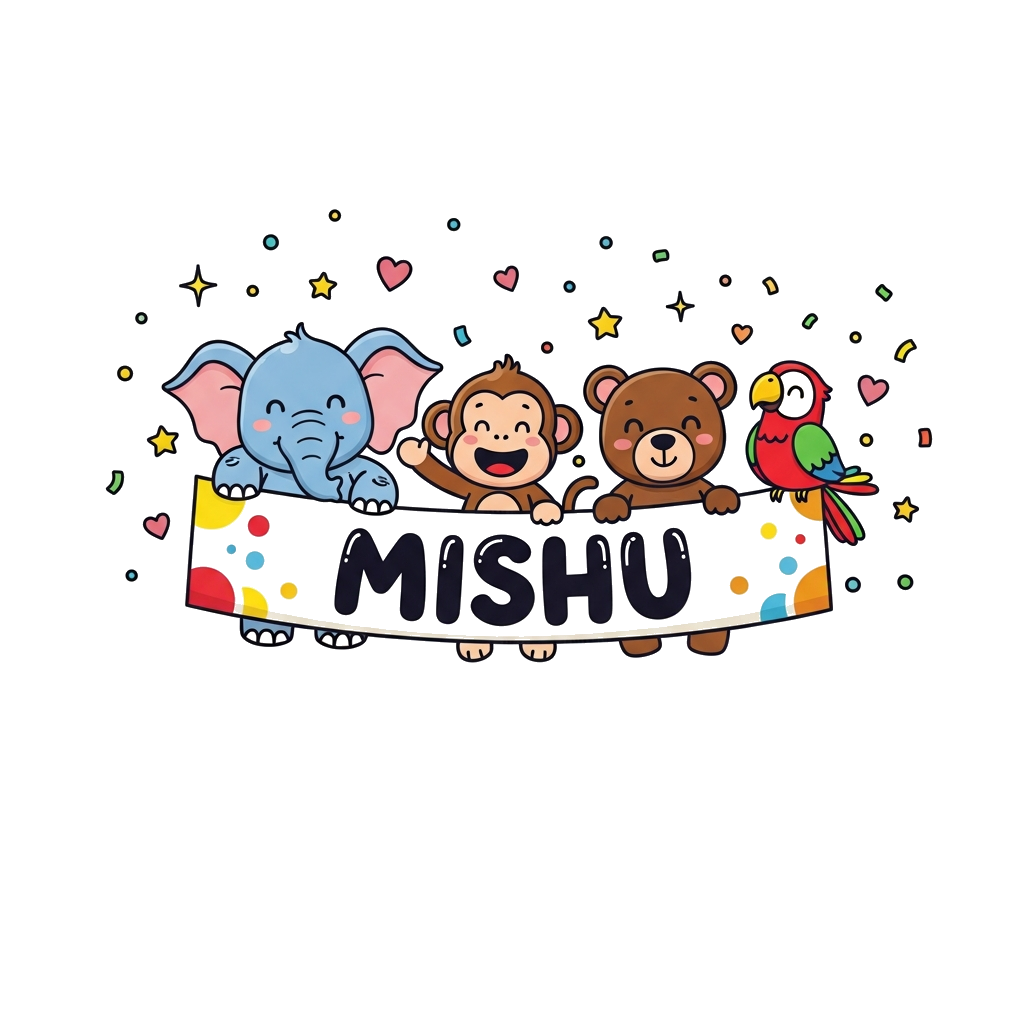 Custom design: A vibrant illustration of a diverse group of cute, friendly cartoon animals (a baby elephant, a playful monkey, a lit...