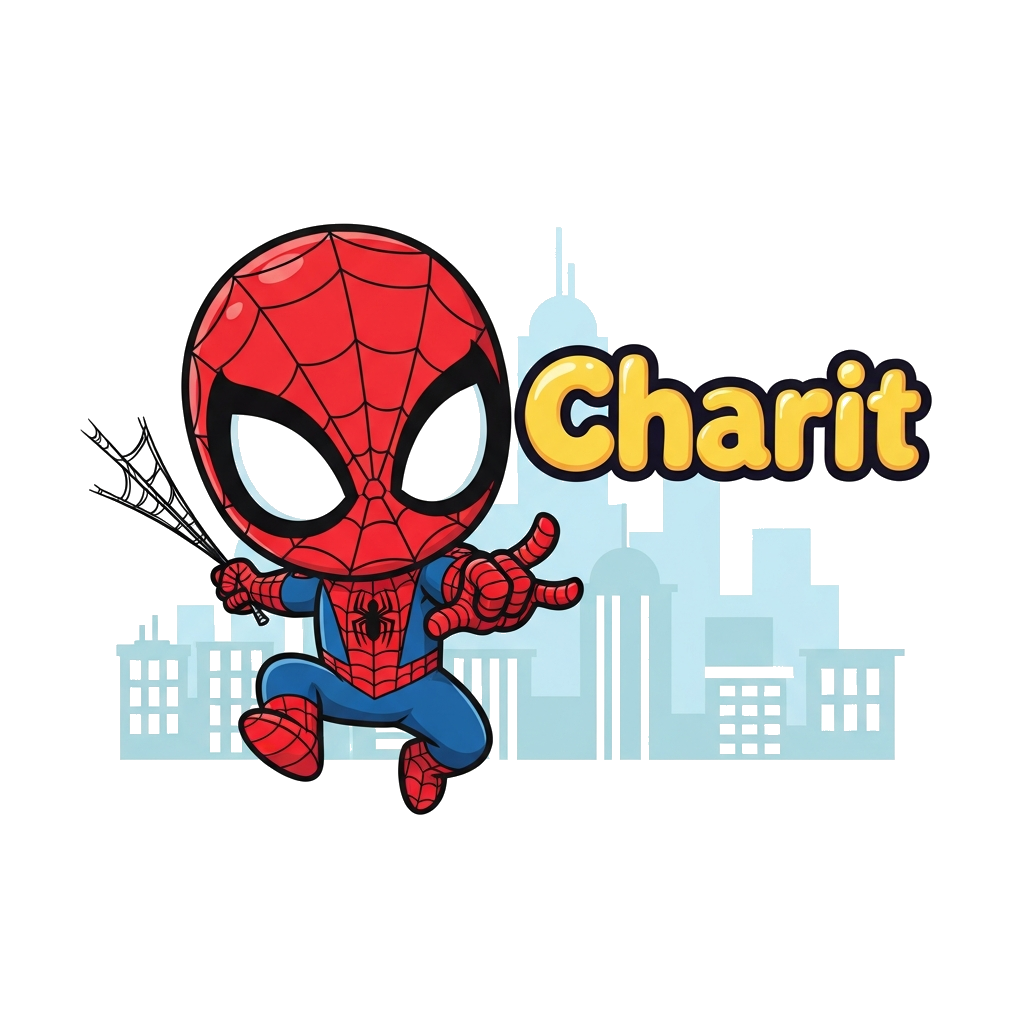 Custom design: A cute chibi Spider-Man swinging playfully with big, friendly eyes, with the name 'Charit' in a fun, bubbly font next...