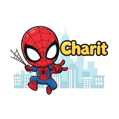 Design: A cute chibi Spider-Man swinging playfully with big, friendly eyes, with the ...