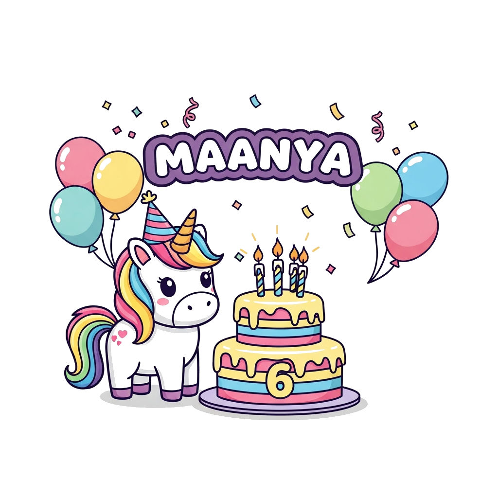 Custom design: A super cute cartoon unicorn with a rainbow mane and tail, wearing a tiny party hat, happily standing next to a vibra...