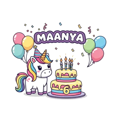 Design: A super cute cartoon unicorn with a rainbow mane and tail, wearing a tiny par...