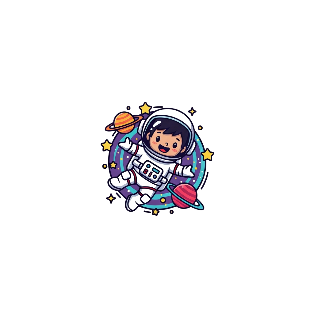 Custom design: A cute cartoon astronaut character, a little boy named Avyaan, floating happily in a colorful galaxy with friendly pl...