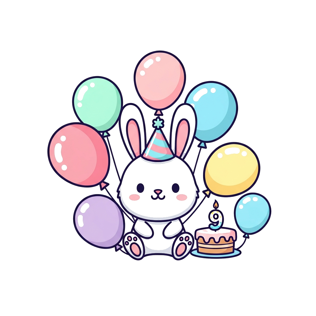 Custom design: A super cute cartoon rabbit wearing a tiny party hat, surrounded by colorful balloons and a birthday cake with a numb...
