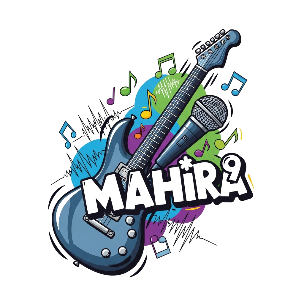 Custom design: A dynamic illustration of a sleek electric guitar and a microphone, surrounded by vibrant musical notes and sound wav...