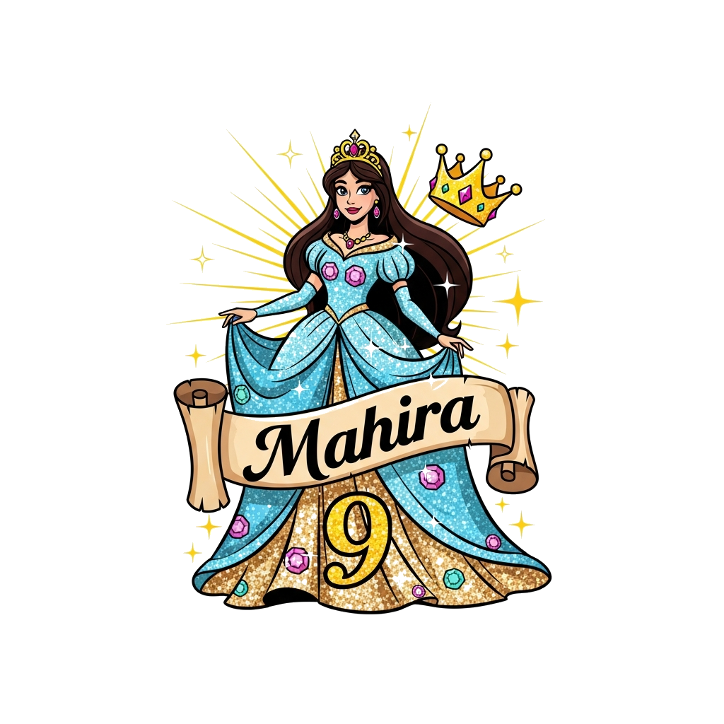 Custom design: A radiant princess character, with a flowing gown adorned with glitter and jewels, surrounded by magical sparkles and...