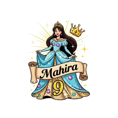 Design: A radiant princess character, with a flowing gown adorned with glitter and je...