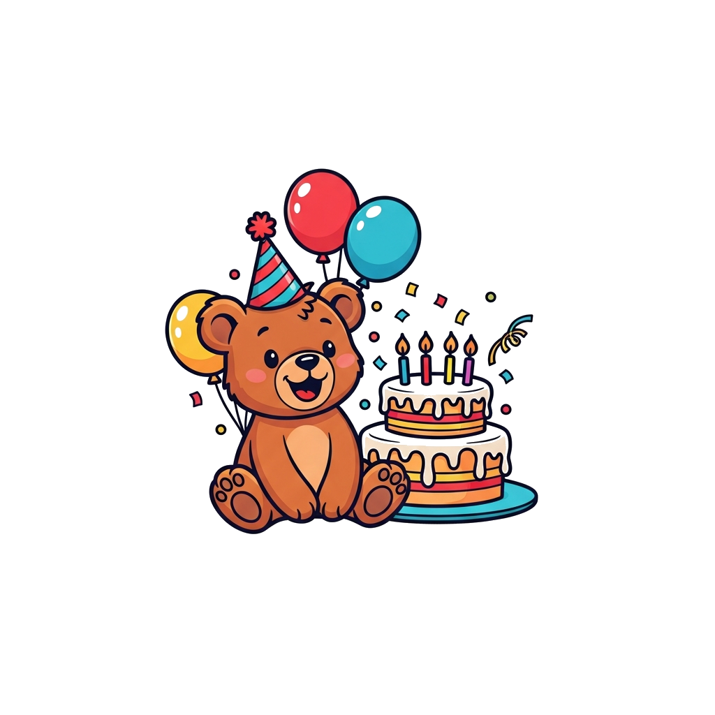 Custom design: A cheerful cartoon bear cub wearing a tiny party hat, sitting happily next to a colorful birthday cake with glowing c...