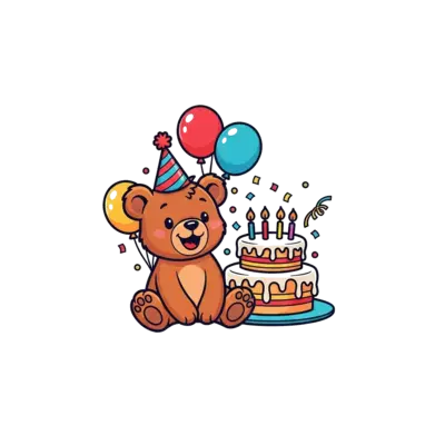Design: A cheerful cartoon bear cub wearing a tiny party hat, sitting happily next to...