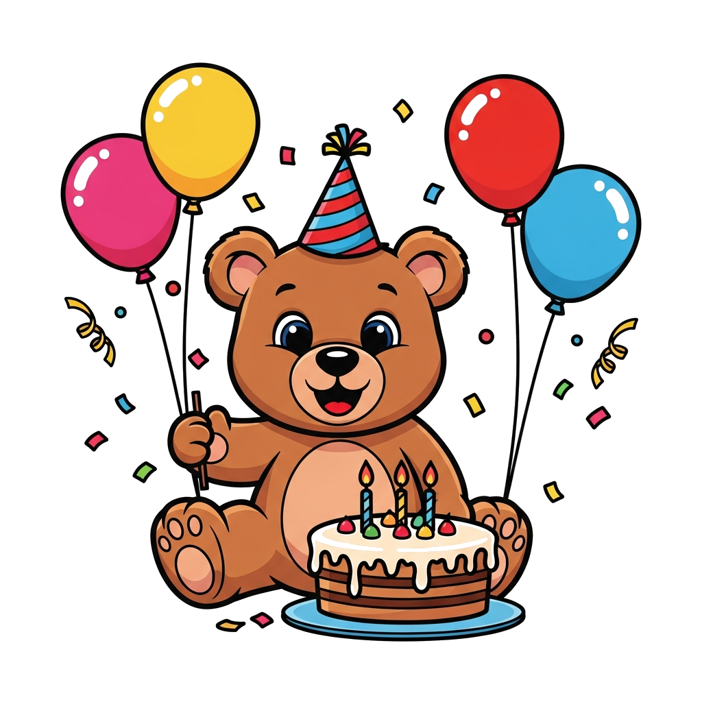 Custom design: A cheerful cartoon baby bear wearing a tiny party hat, sitting next to a delicious birthday cake, surrounded by color...