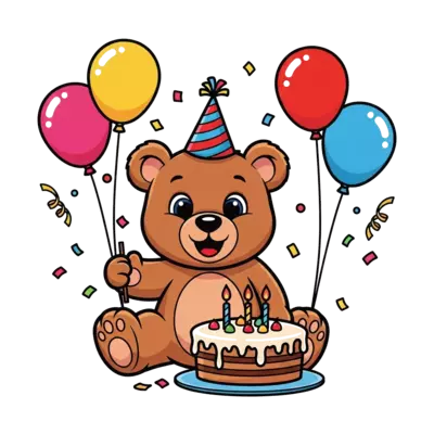 Design: A cheerful cartoon baby bear wearing a tiny party hat, sitting next to a deli...
