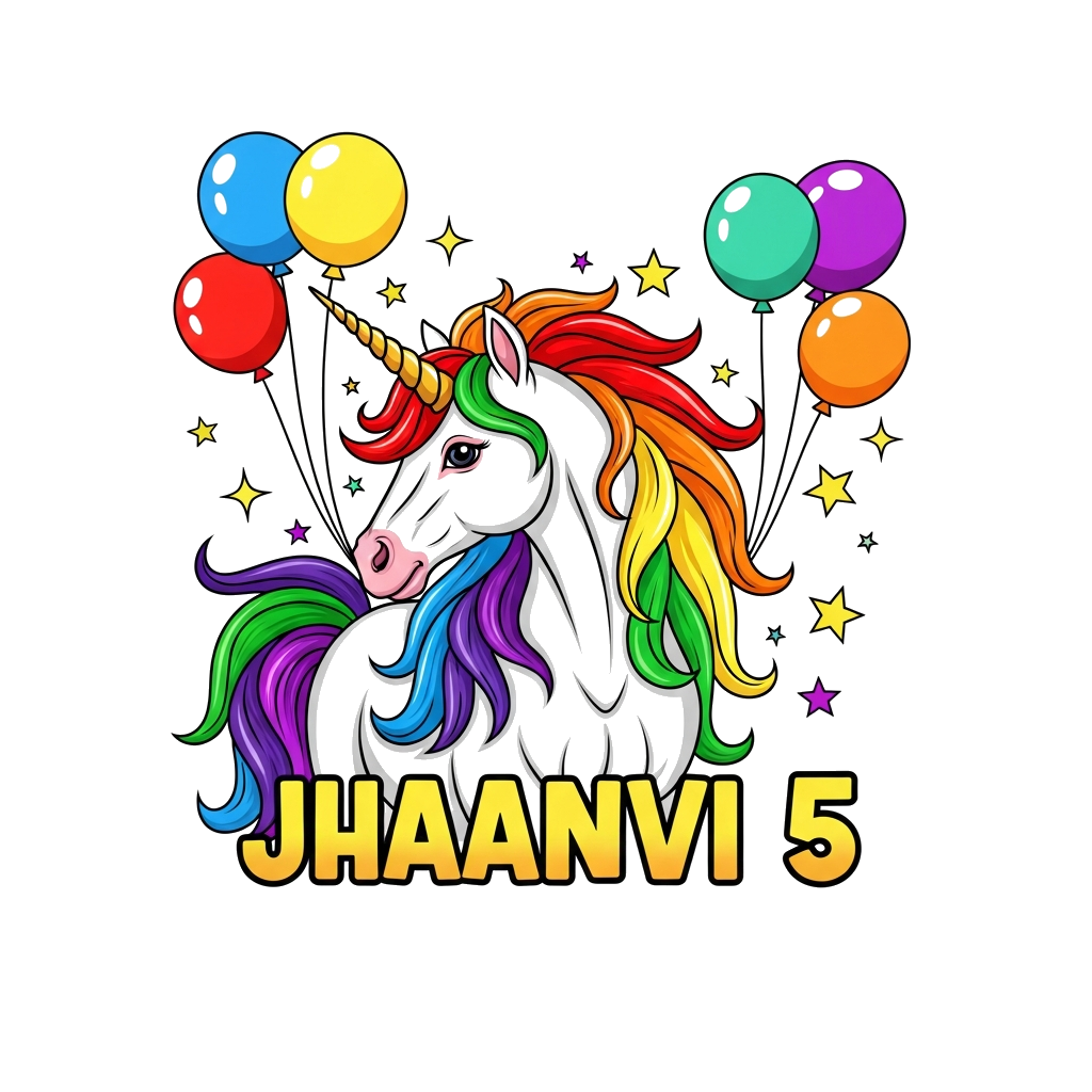 Custom design: A majestic, vibrant rainbow unicorn with a golden horn, surrounded by sparkling stars and colorful balloons, with 'JH...
