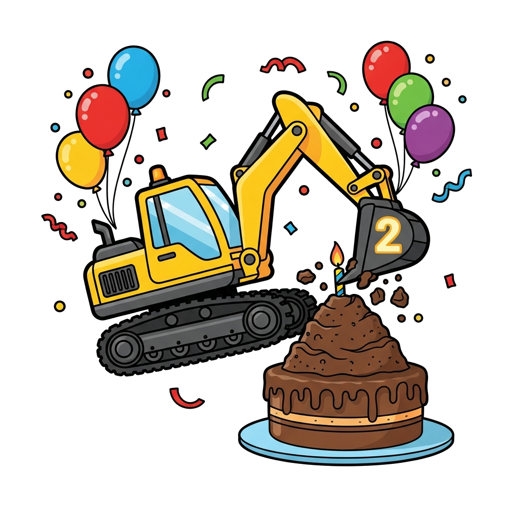 Custom design: A cute cartoon yellow excavator digging into a birthday cake shaped like a dirt pile, with the number '2' on its buck...
