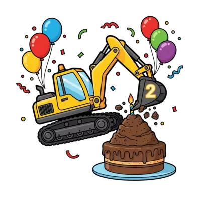 Design: A cute cartoon yellow excavator digging into a birthday cake shaped like a di...