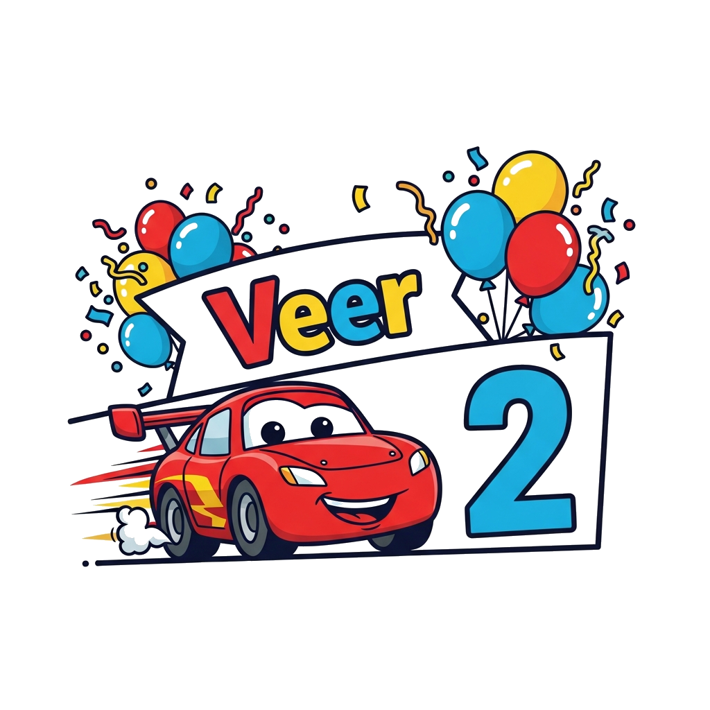 Custom design: A cute cartoon red race car with a big smile, speeding past a banner that says 'Veer' and a large number '2', surroun...