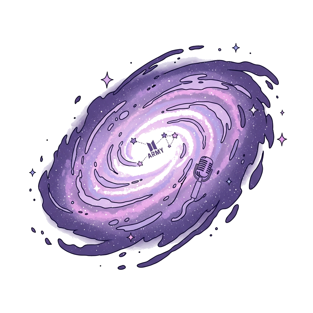 Custom design: A whimsical, dreamy illustration of a galaxy in shades of purple, with subtle nods to BTS iconography like a small 'A...