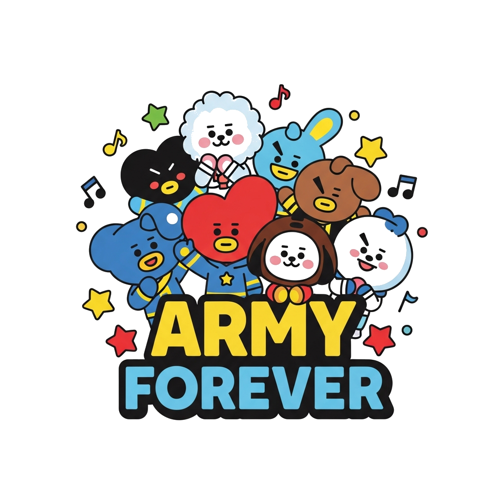 Custom design: A vibrant, cheerful illustration featuring all BT21 characters (Koya, RJ, Shooky, Mang, Chimmy, Tata, Cooky) happily ...