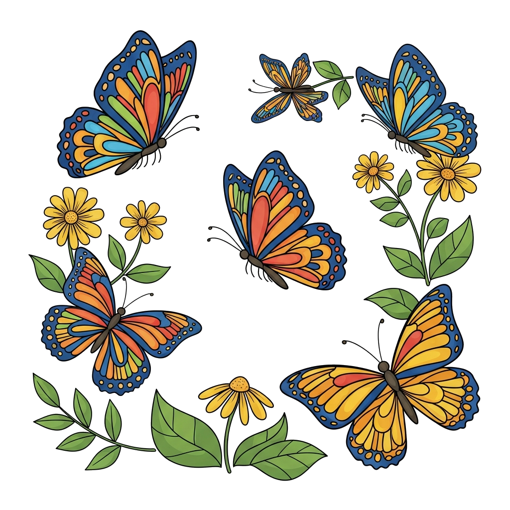 Custom design: A whimsical illustration of several brightly colored cartoon butterflies with intricate wing patterns, fluttering gra...