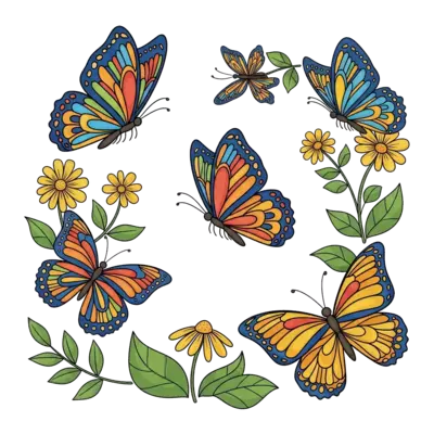 Design: A whimsical illustration of several brightly colored cartoon butterflies with...