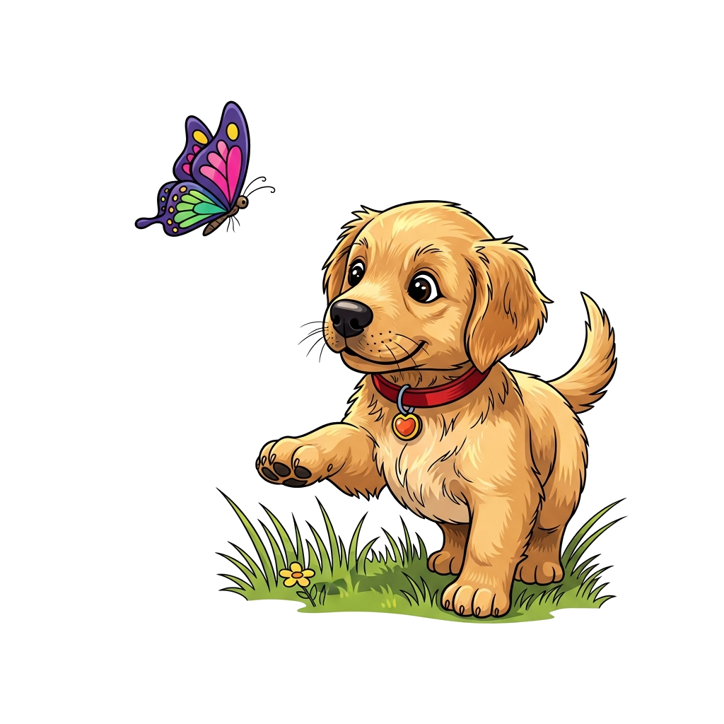 Custom design: A realistic, friendly golden retriever puppy with big curious eyes, playfully chasing a colorful butterfly in a sunny...