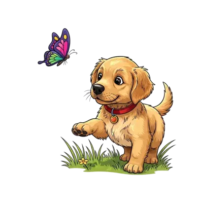 Design: A realistic, friendly golden retriever puppy with big curious eyes, playfully...