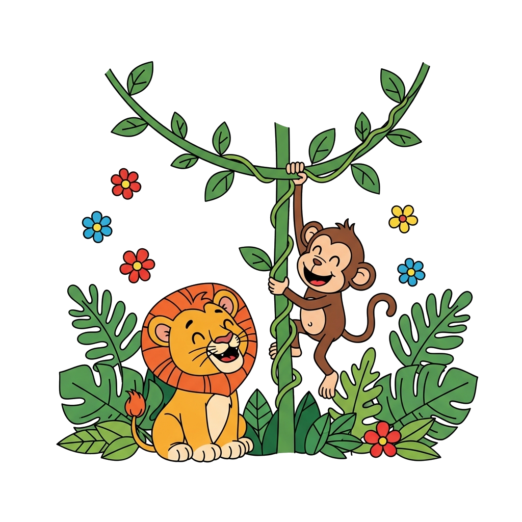 Custom design: A cheerful cartoon lion cub and a playful monkey swinging from a vine, both smiling brightly, surrounded by lush gree...