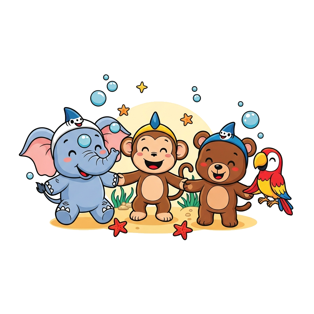 Custom design: A vibrant illustration of a diverse group of cute, friendly cartoon animals – a baby elephant, a playful monkey, a li...