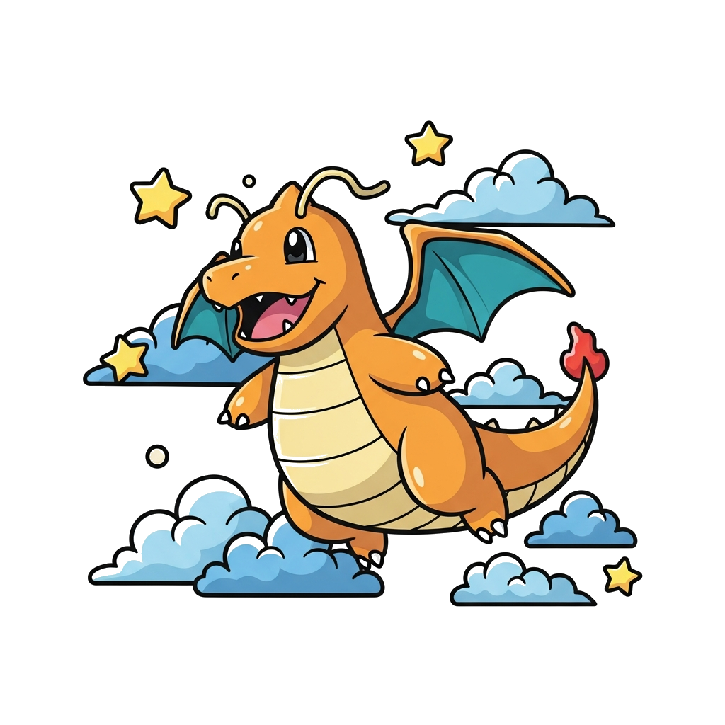 Custom design: A cheerful, cute cartoon Dragonite flying happily amidst stylized clouds and stars, in a vibrant, friendly art style,...