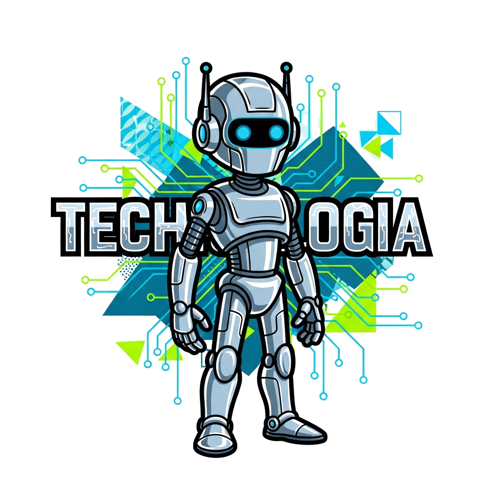 Custom design: A sleek, metallic, futuristic robot with glowing blue eyes, standing confidently against a backdrop of abstract geome...