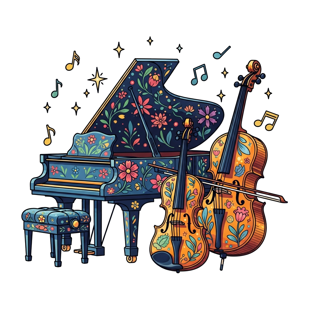 Custom design: A vibrant and colorful illustration of a grand piano, a violin, and a cello, all adorned with whimsical floral patter...