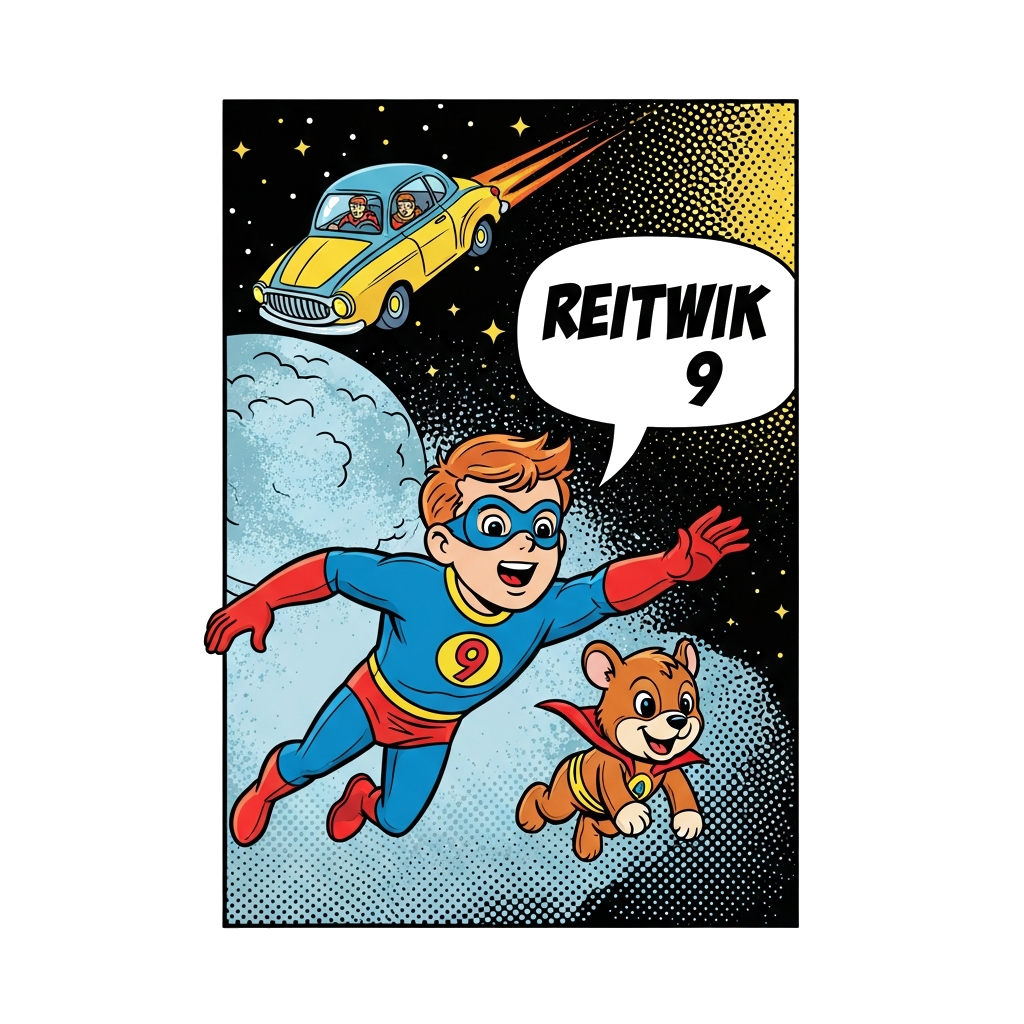 Custom design: A vintage comic book panel illustration featuring a brave superhero boy (Reitwik, age 9) flying through space with a ...