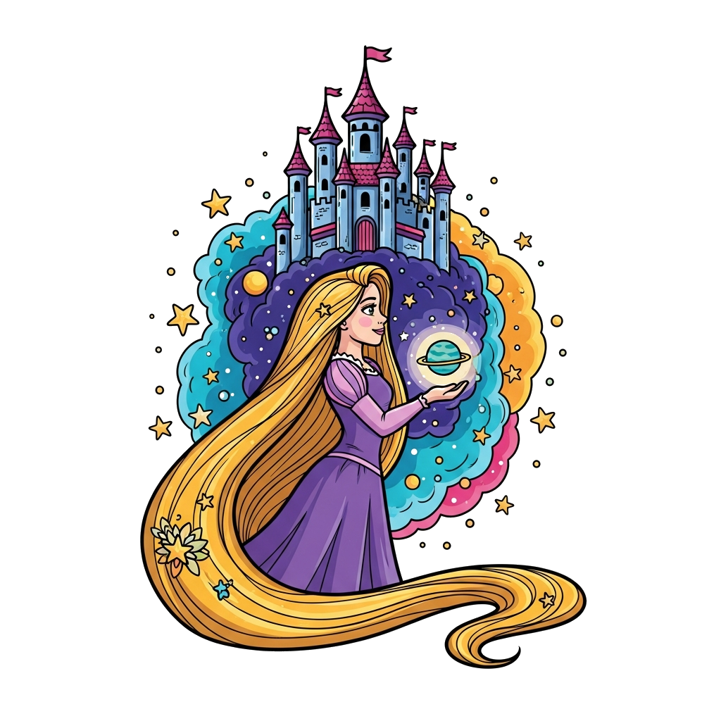 Custom design: A whimsical illustration of a beloved long-haired princess (like Rapunzel) with her castle floating among colorful ne...