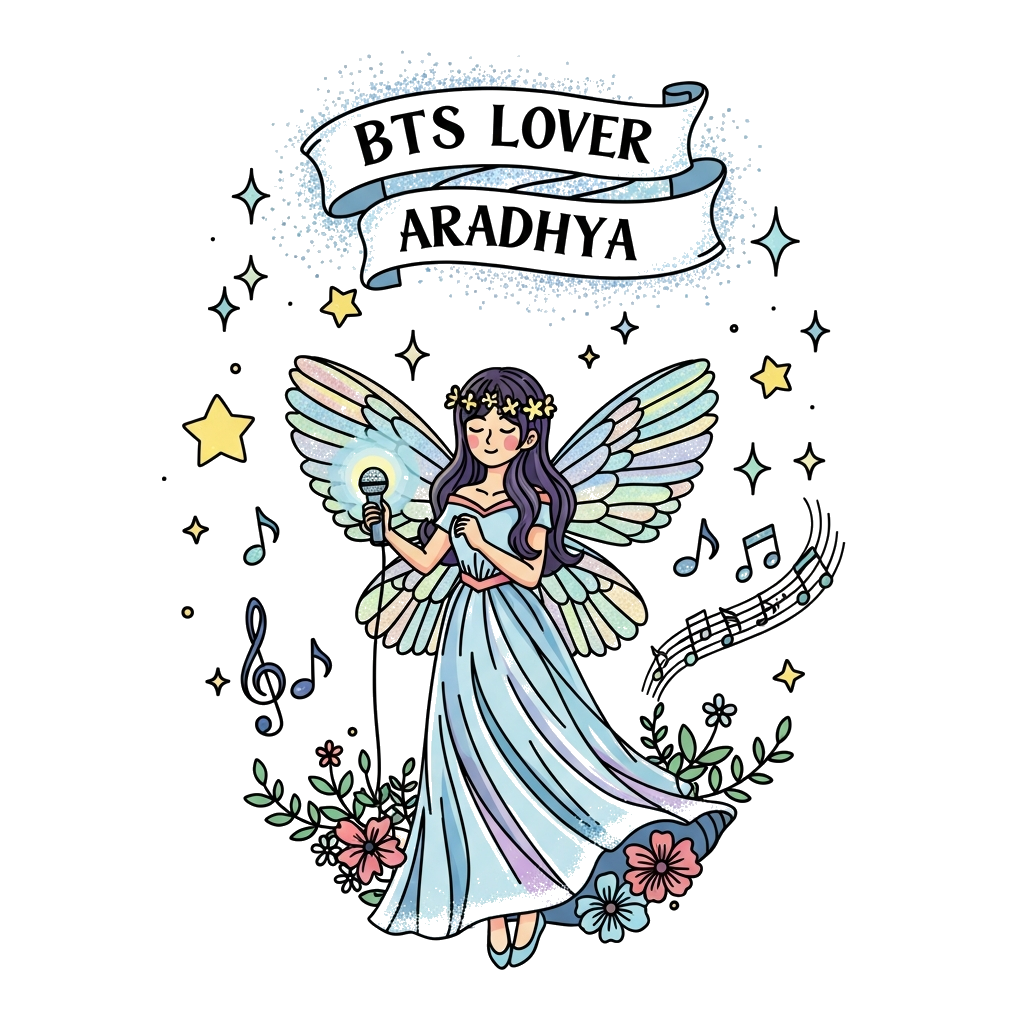Custom design: A whimsical fairy princess with sparkling iridescent wings and a flowing gown, holding a tiny, glowing microphone (su...