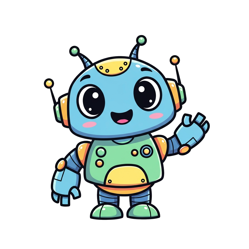 Custom design: A super cute, friendly cartoon robot with big eyes and a cheerful smile, waving hello, in a vibrant, playful style wi...