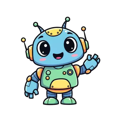 Design: A super cute, friendly cartoon robot with big eyes and a cheerful smile, wavi...