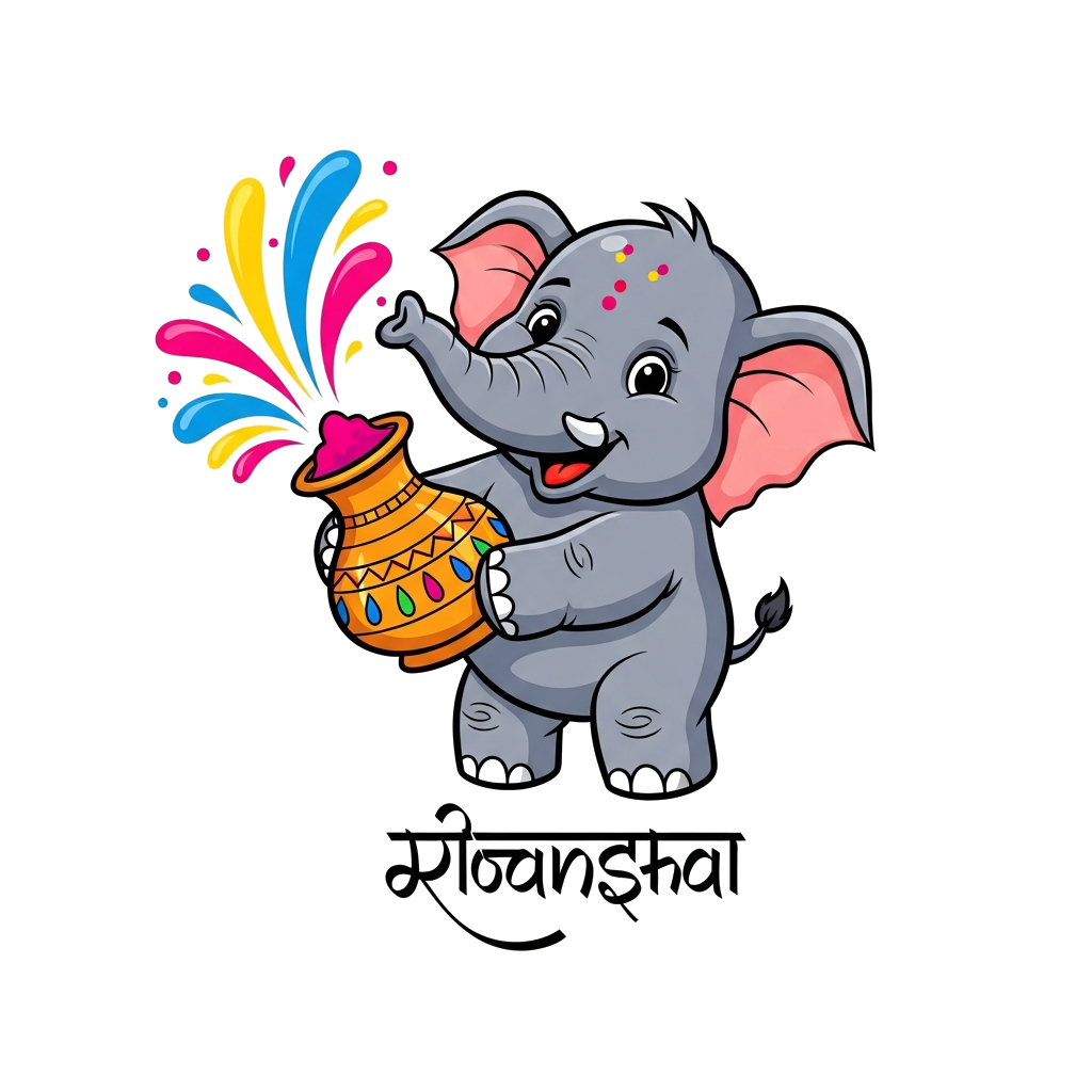 Custom design: A cheerful, chubby baby elephant holding a traditional Indian brass pichkari, playfully spraying a burst of vibrant p...