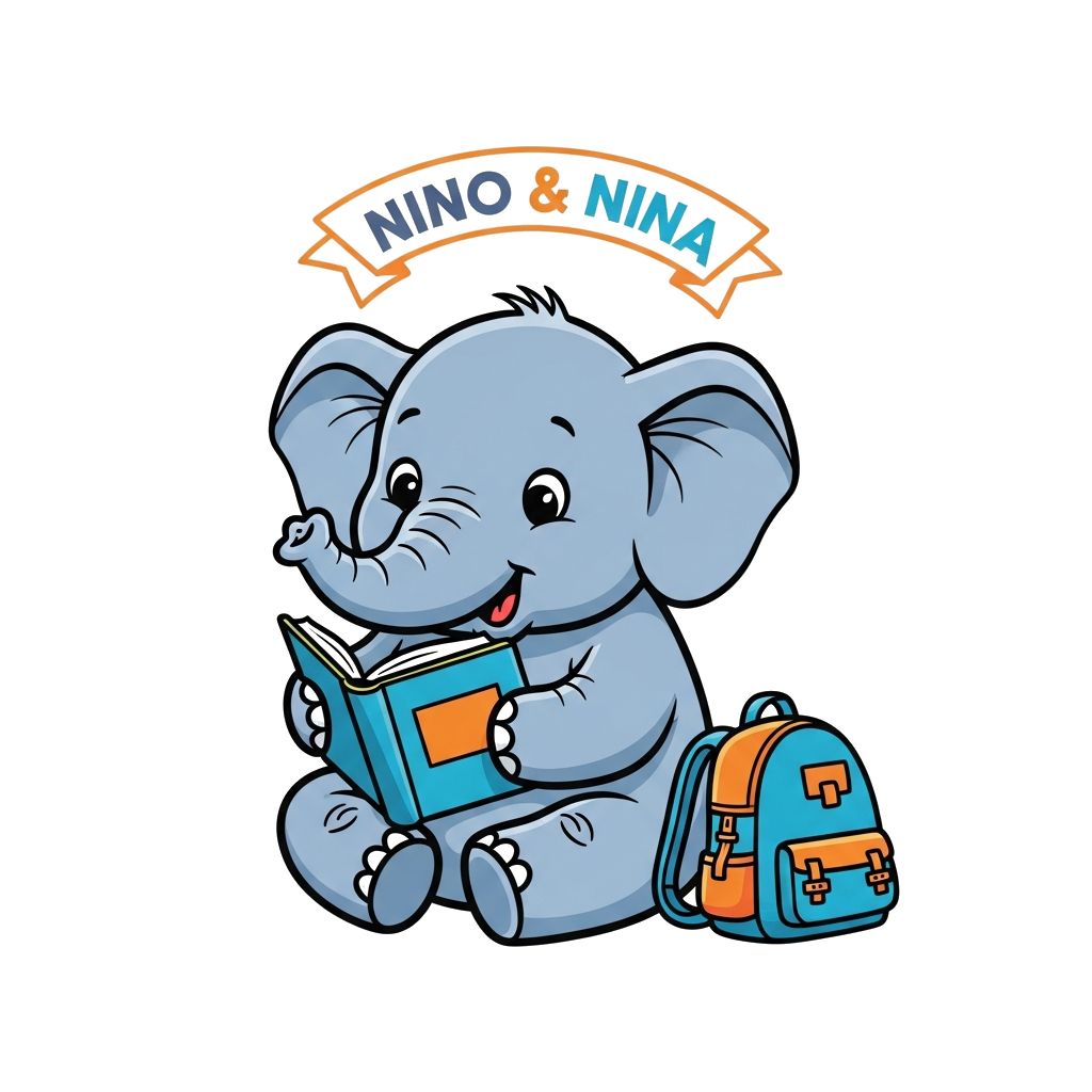 Custom design: A super cute cartoon baby elephant happily sitting and reading a book, with a small backpack nearby, in a playful, vi...