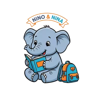 Design: A super cute cartoon baby elephant happily sitting and reading a book, with a...