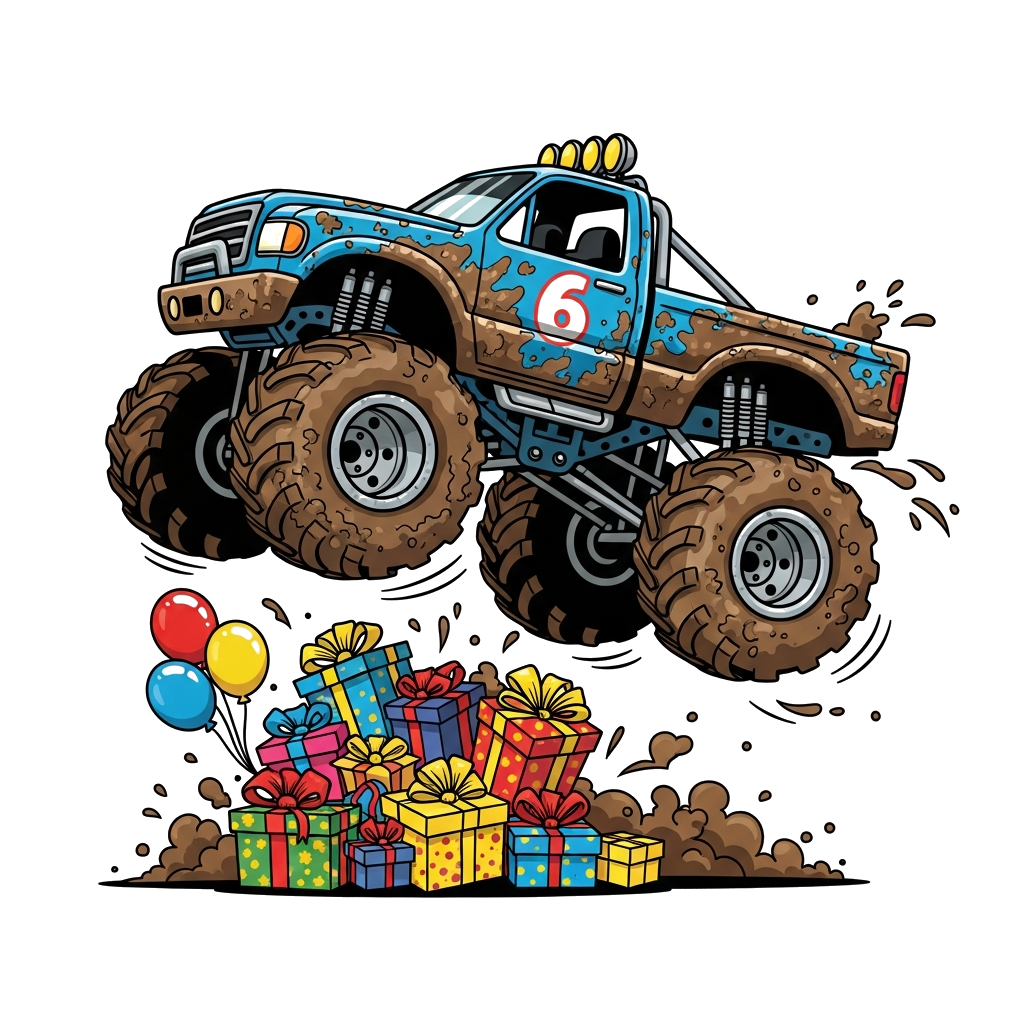 Custom design: A highly detailed, realistic illustration of a powerful monster truck, mud-splattered, joyfully crushing a pile of co...