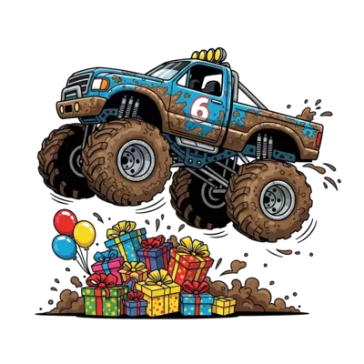 Design: A highly detailed, realistic illustration of a powerful monster truck, mud-sp...