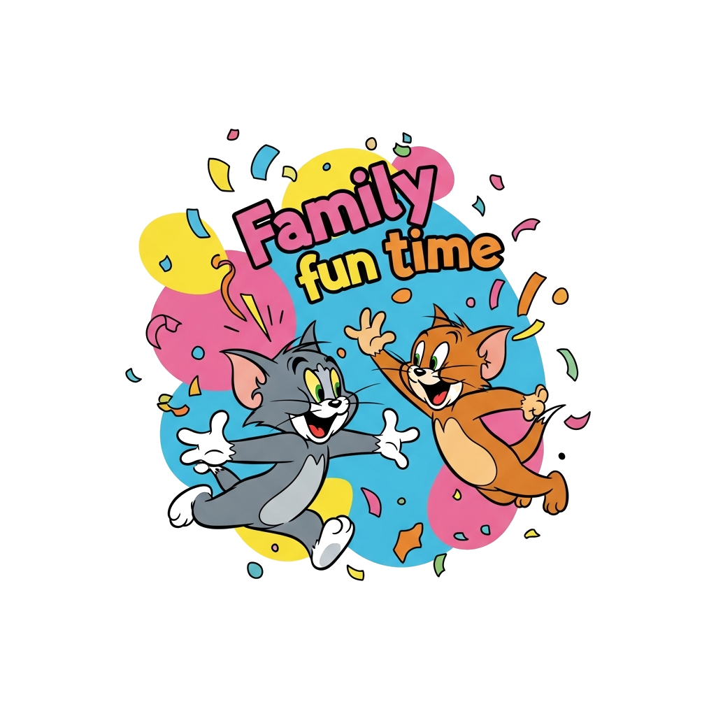 Custom design: A vibrant cartoon illustration of Tom and Jerry playfully chasing each other, surrounded by colorful abstract shapes ...